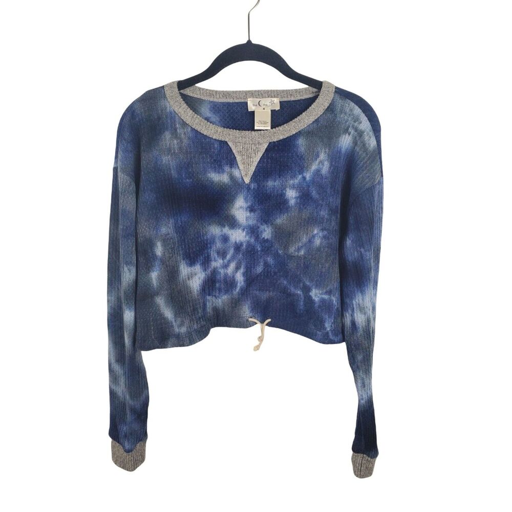 Blue Pink Tie Front Crop Top Womens Medium Blue Tie Dye Long Sleeve Crew Neck Ca